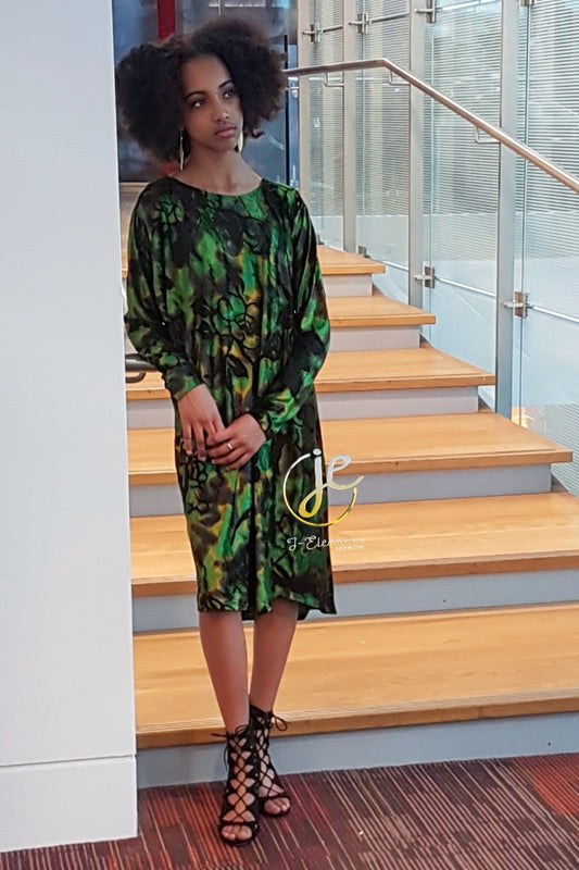 Botanical Green Long-Sleeved Midi Dress